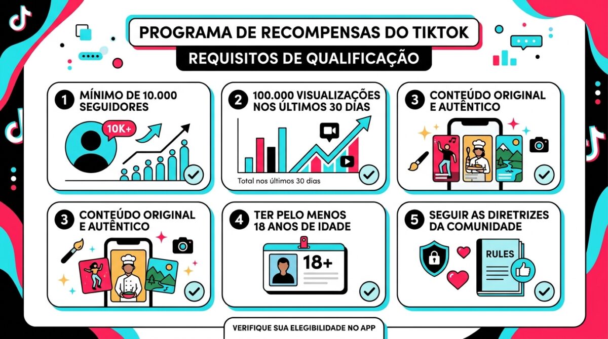Requisitos para participar do Programa de Recompensas do TikTok.