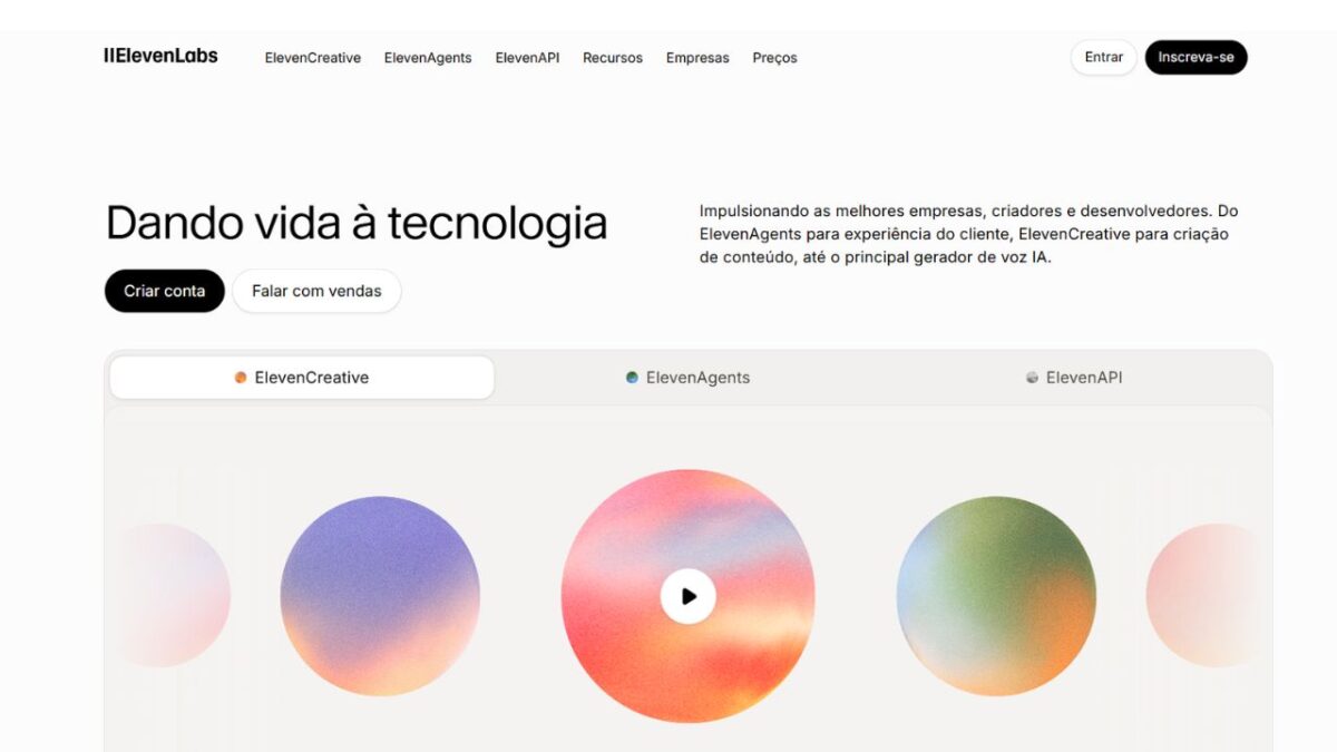 Plataforma ElevenLabs sendo usada para gerar voz com inteligência artificial.